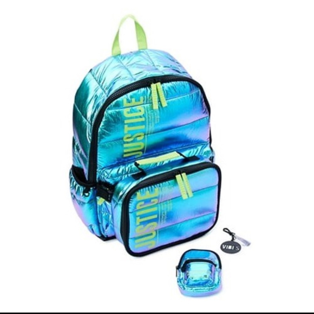 NWT Justice Girl 17 Laptop Backpack 4 piece Set BACKPACK LUNCH BAG KEYCHAIN MINI